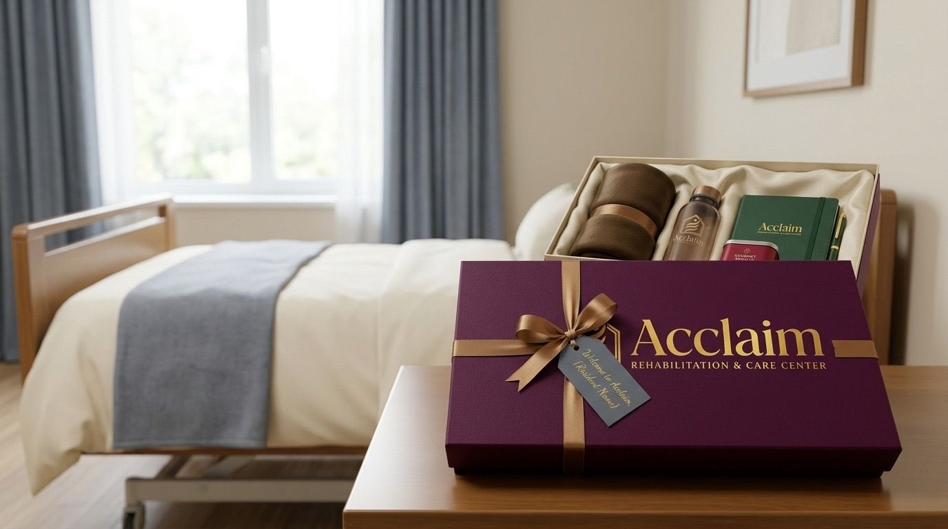 An Acclaim welcome box presented in a resident room