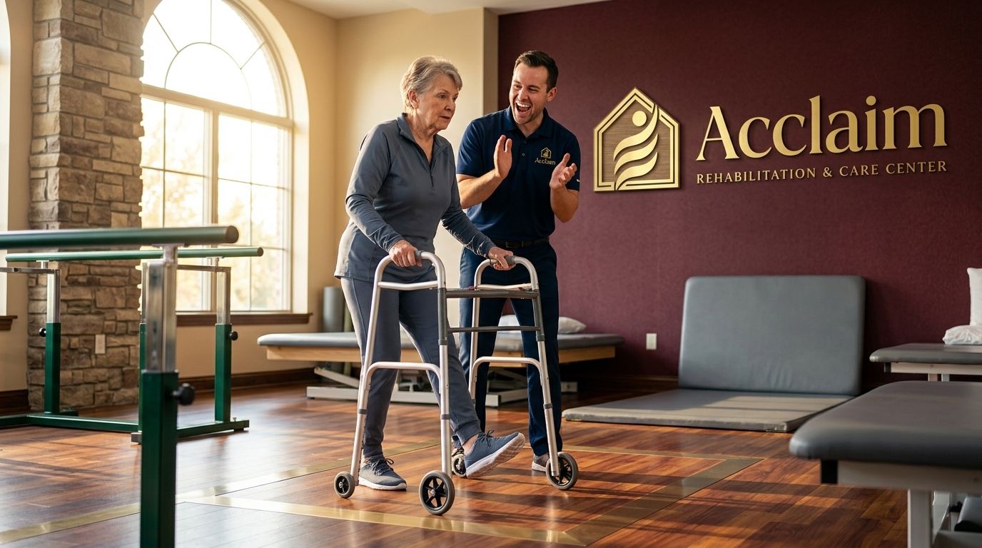 A therapist supporting a resident during physical therapy