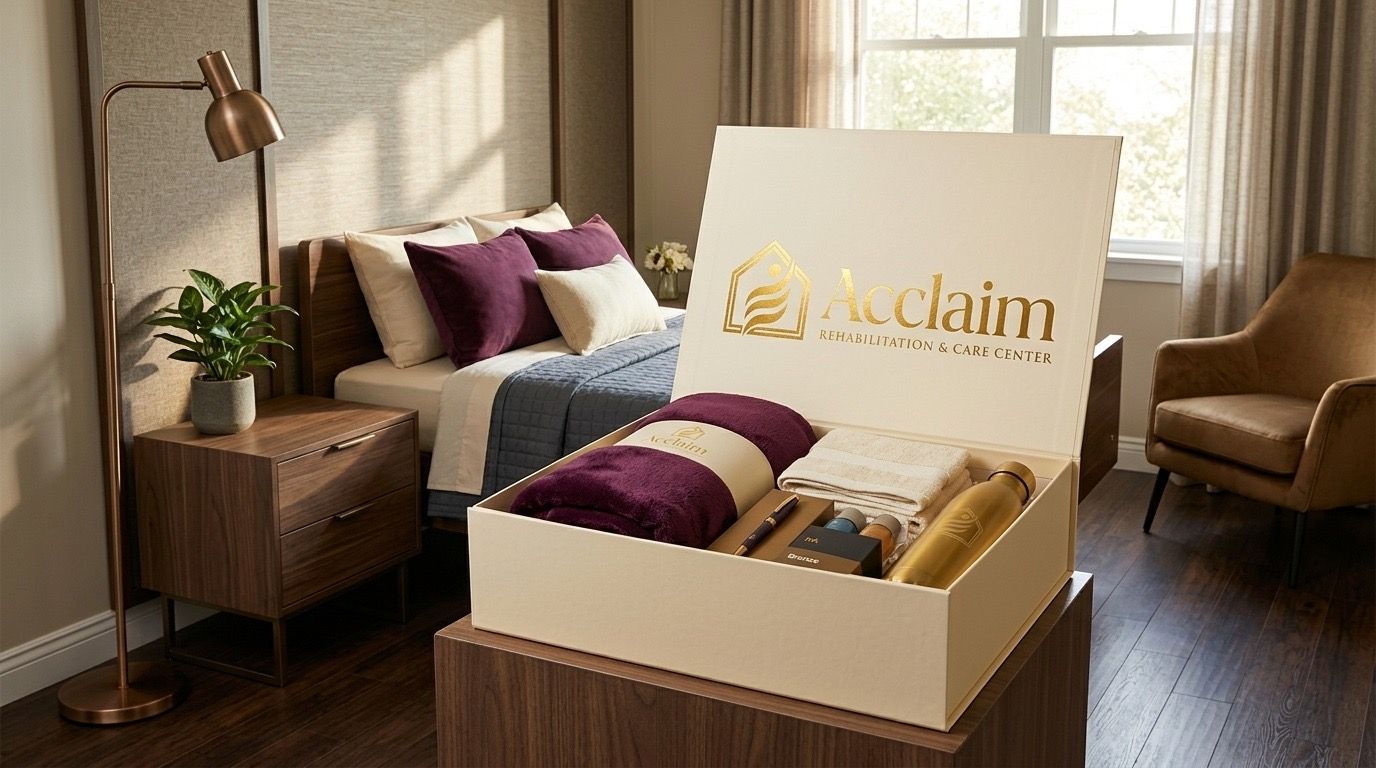 A sunlit Acclaim resident room with a welcome box
