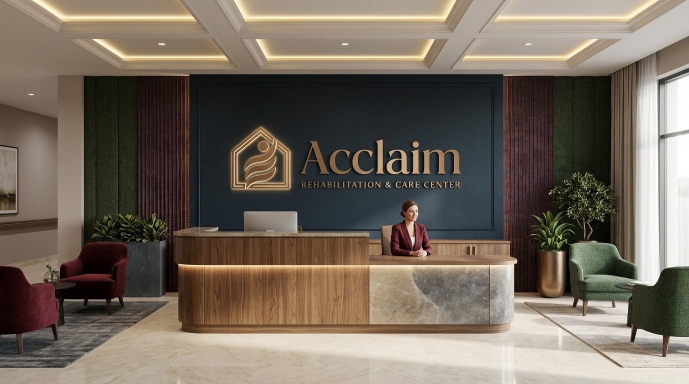 The Acclaim reception with the gold house logo on a deep plum wall